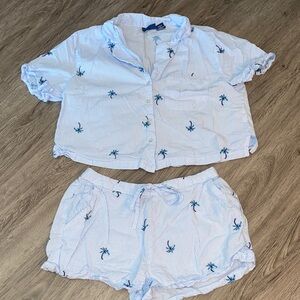 Tommy Bahama White & Blue Cotton Striped Palm Tree Pajama Set